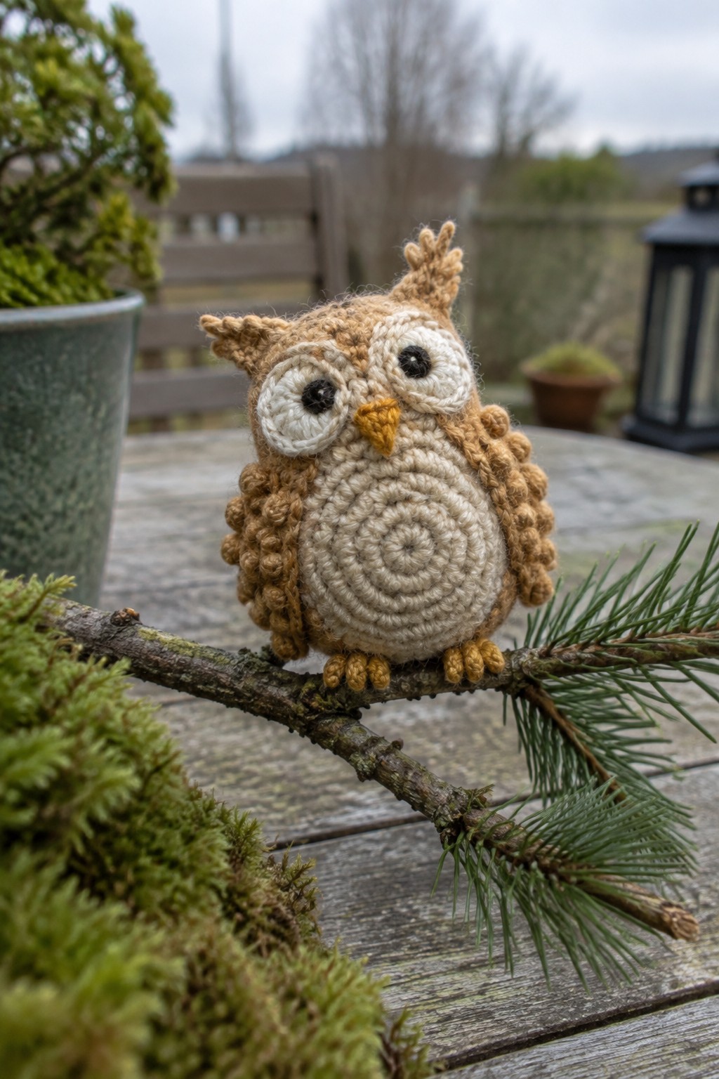Crocheted brown and beige owl with large eyes perched on a pine branch.