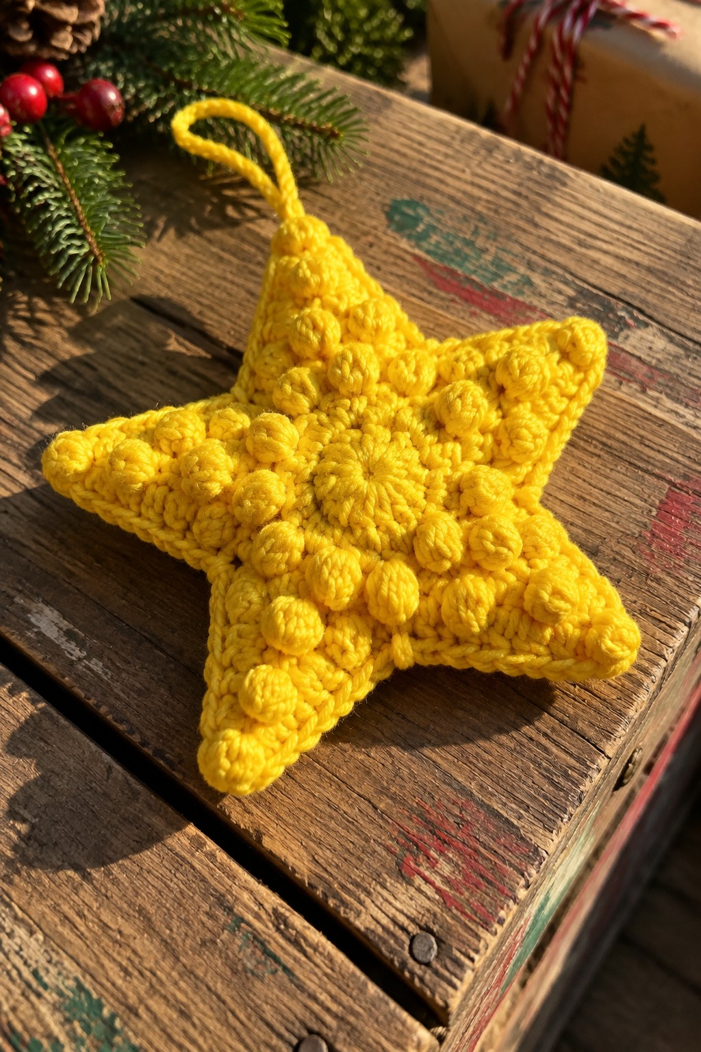 Yellow crocheted star ornament on rustic wooden table with pine and berries