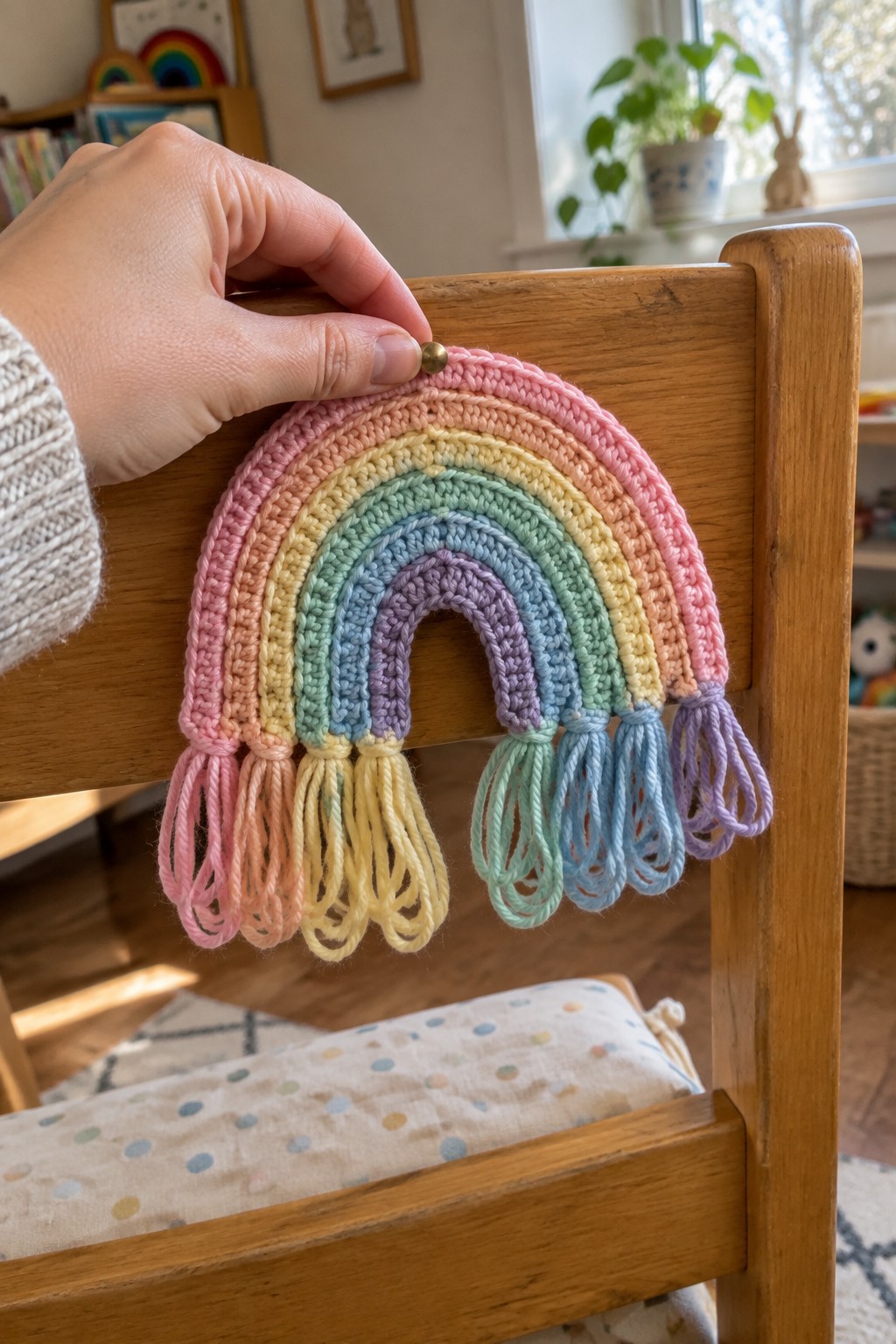 Hand holding pastel crocheted rainbow with tassels on wooden chair back