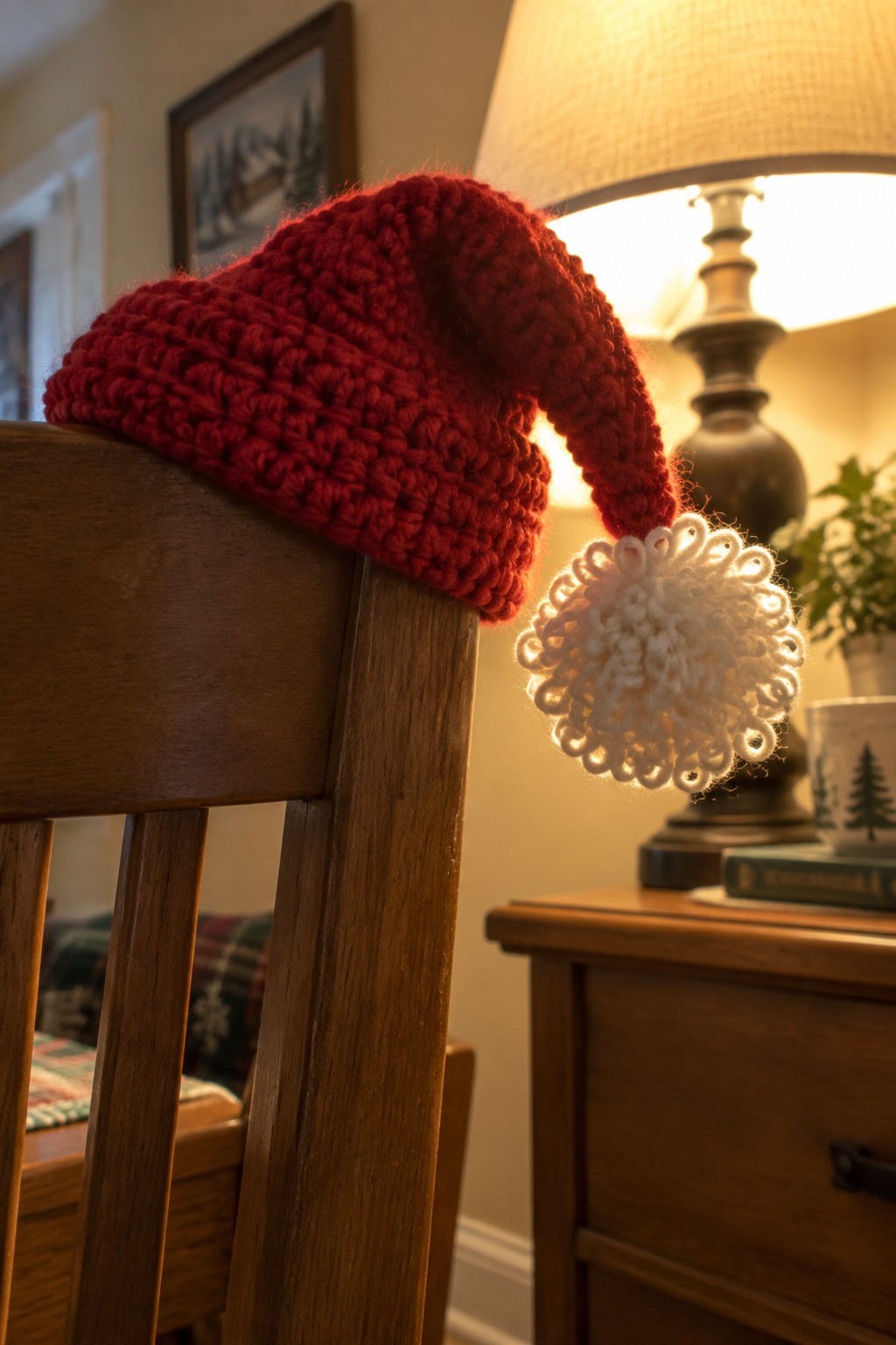 Red knitted Santa hat with white pom-pom on wooden chair back