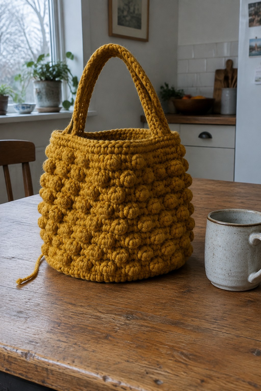 Yellow crocheted bobble-stitch bag with handle on wooden table beside mug