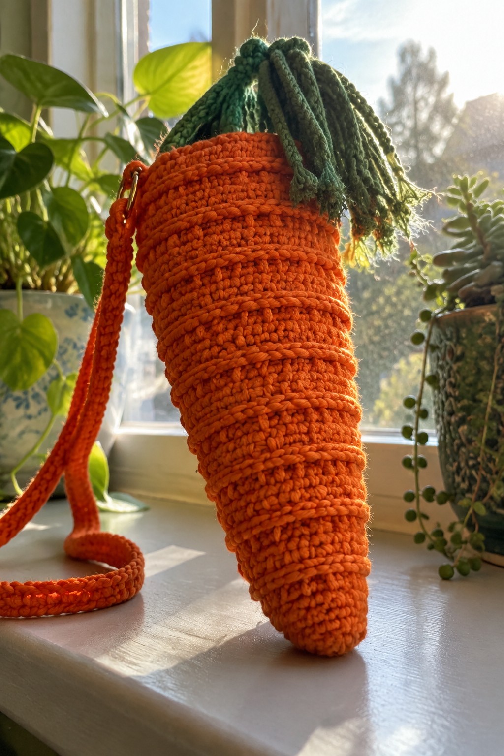 Orange crocheted carrot bag with green top and strap on sunny windowsill with plants