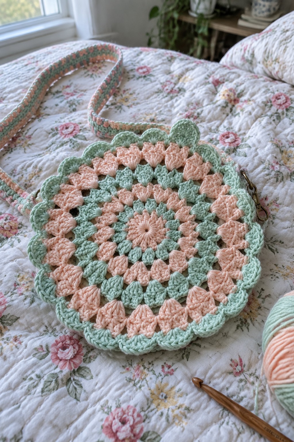 Crocheted round bag in peach and mint green on floral quilt with hook and yarn