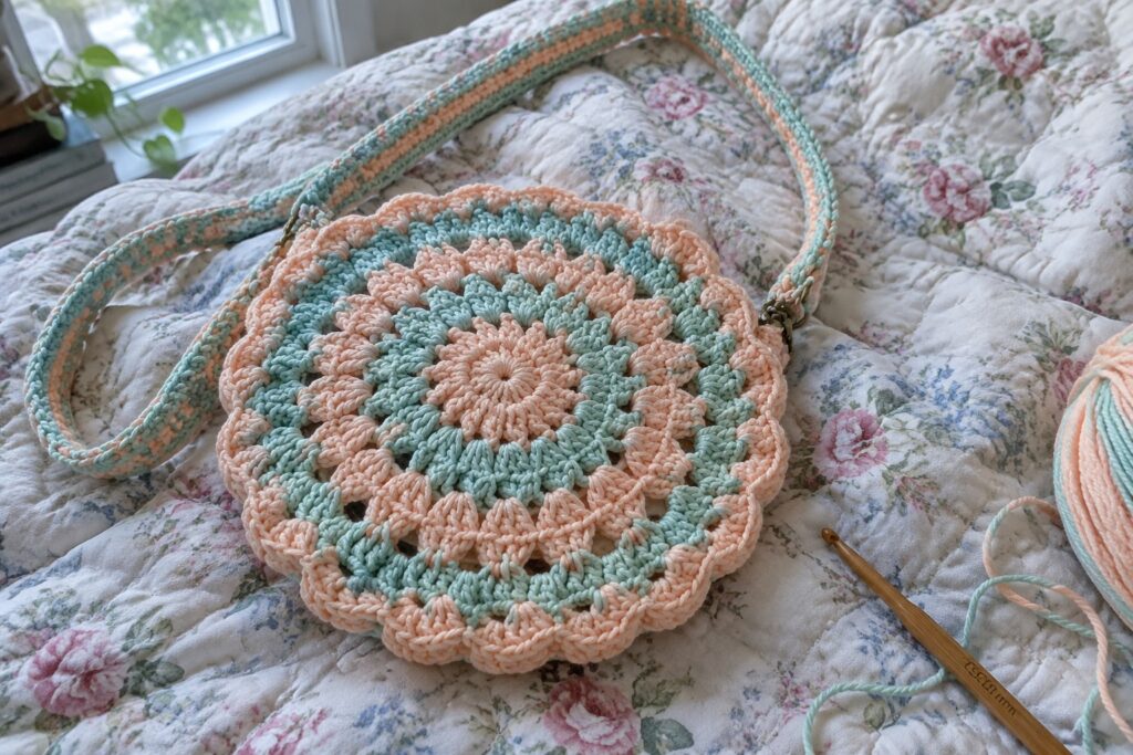 18 Creative Crochet Bag Ideas Built Around Distinct Bag Shapes Crocheted round bag in peach and mint green on floral quilt with hook and yarn