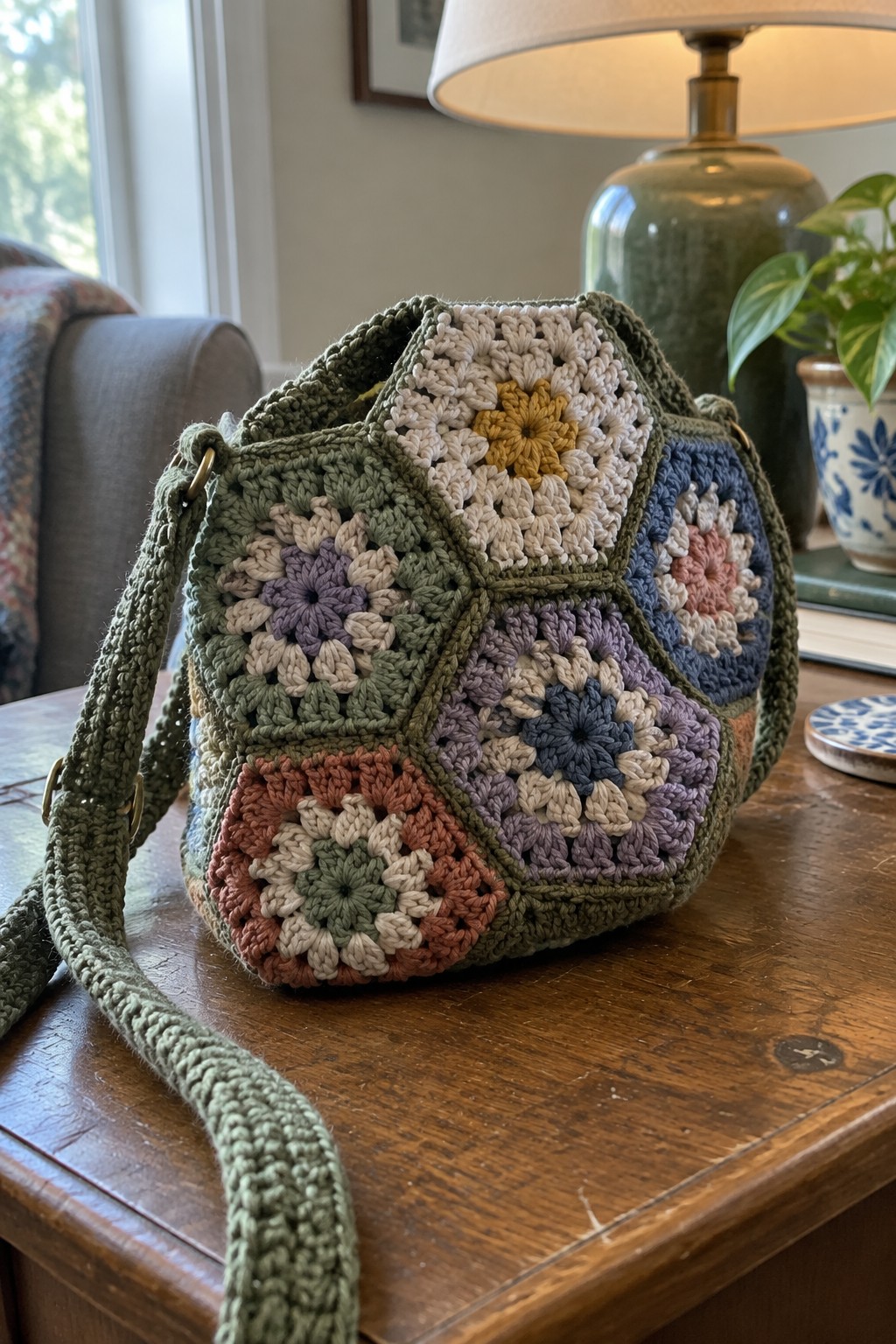 Multicolored crocheted granny square handbag with green strap on wooden table