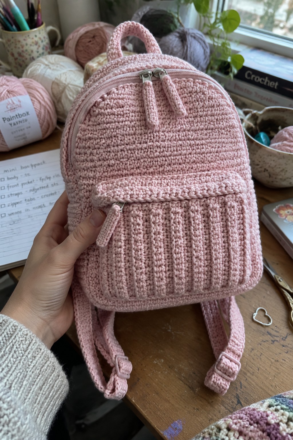 A hand holds a small pink crocheted backpack with a ribbed front pocket, two zippers, and adjustable straps on a wooden table with yarn and craft supplies nearby.
