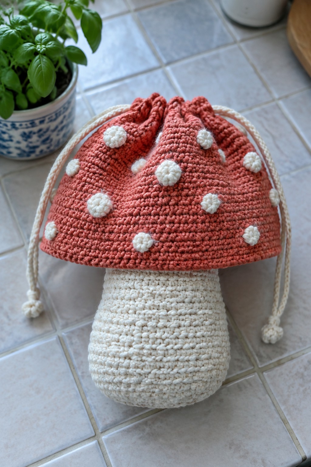 Red crocheted mushroom drawstring bag with white spots on tiled surface