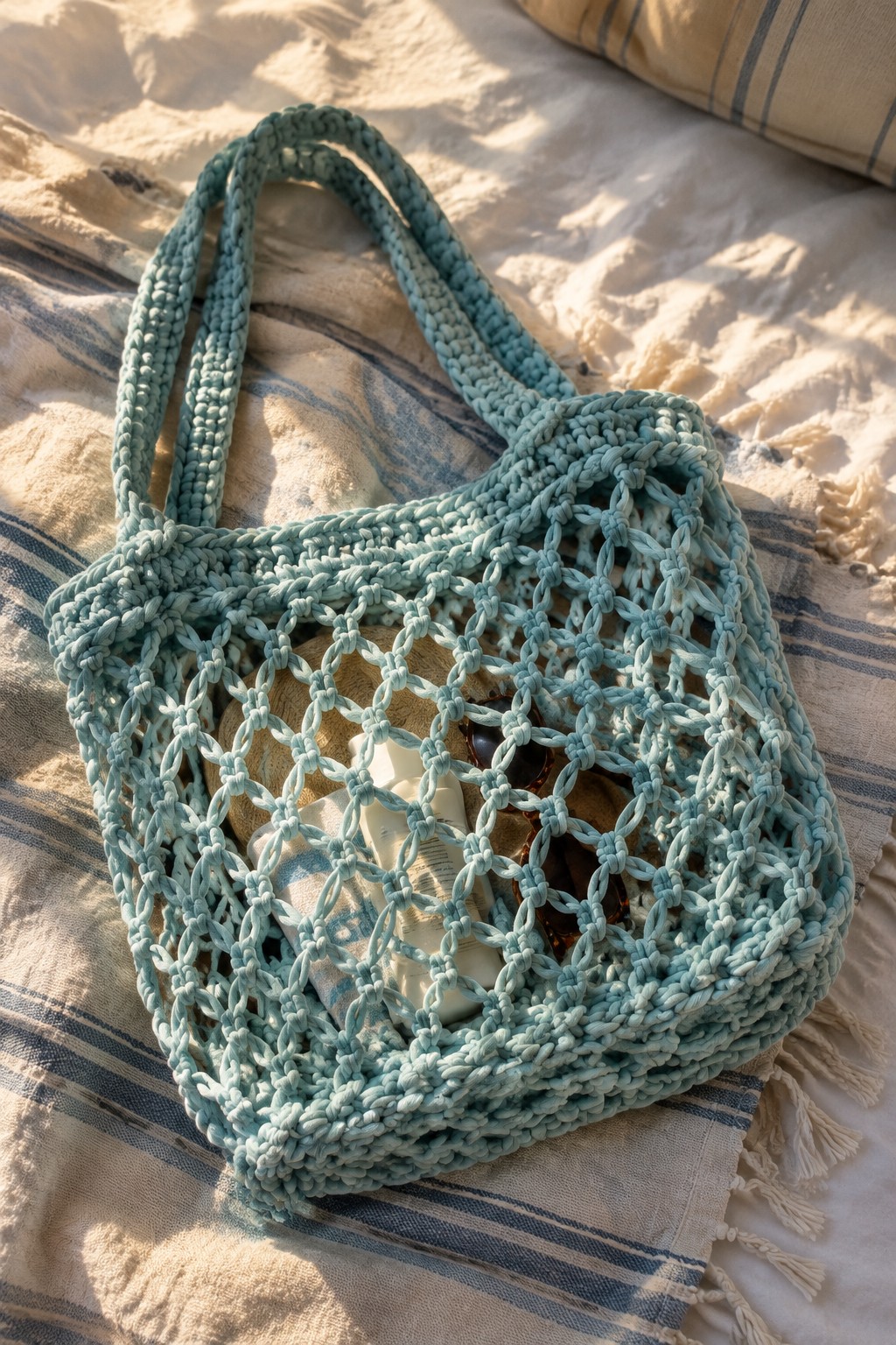 Light blue crocheted net bag with hat and sunglasses on striped towel