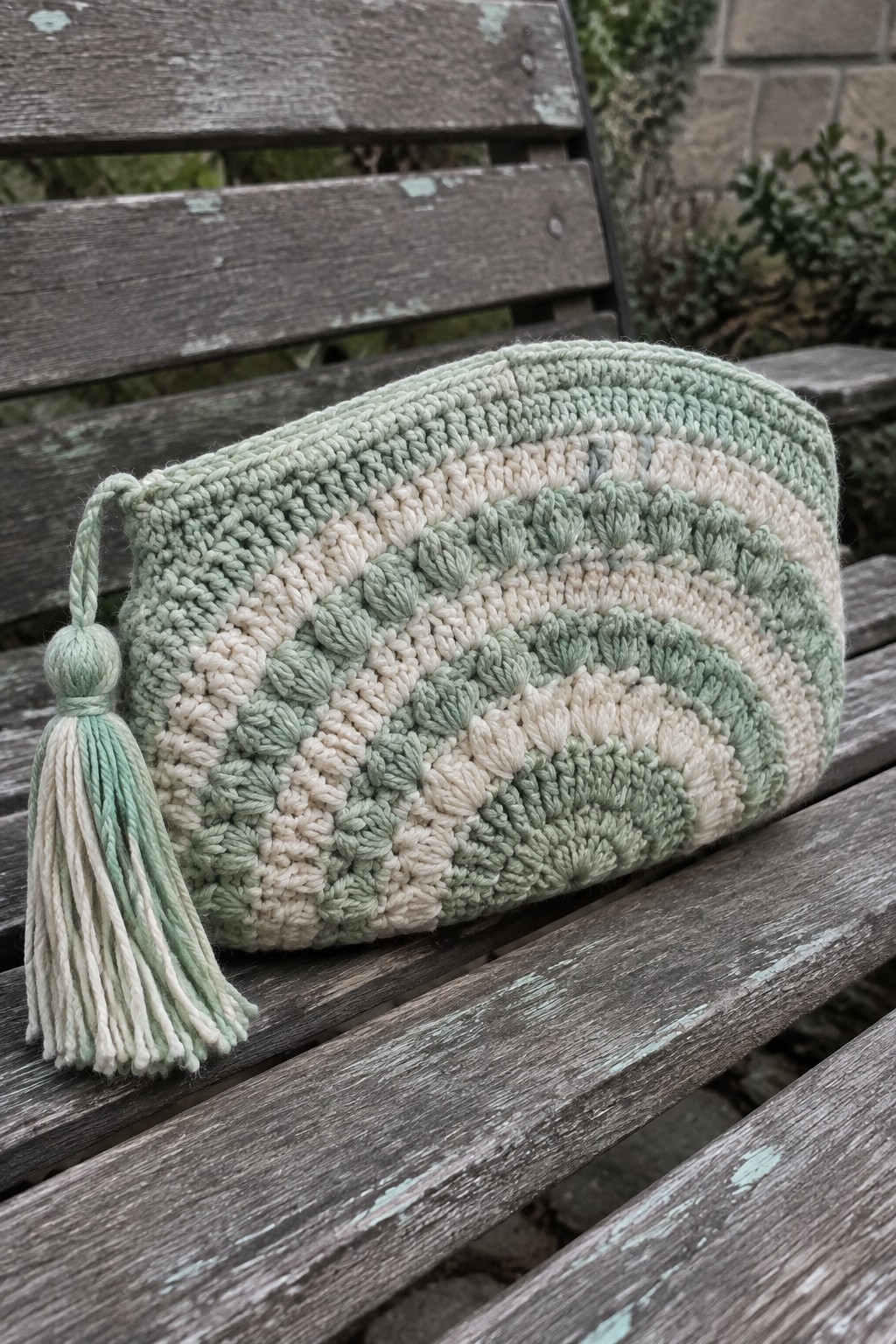 Crocheted mint green and cream pouch with tassel on weathered wooden bench