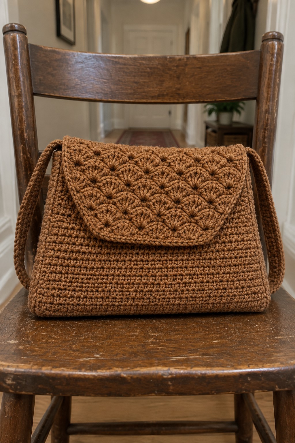Brown crocheted handbag with flap on rustic wooden chair seat.