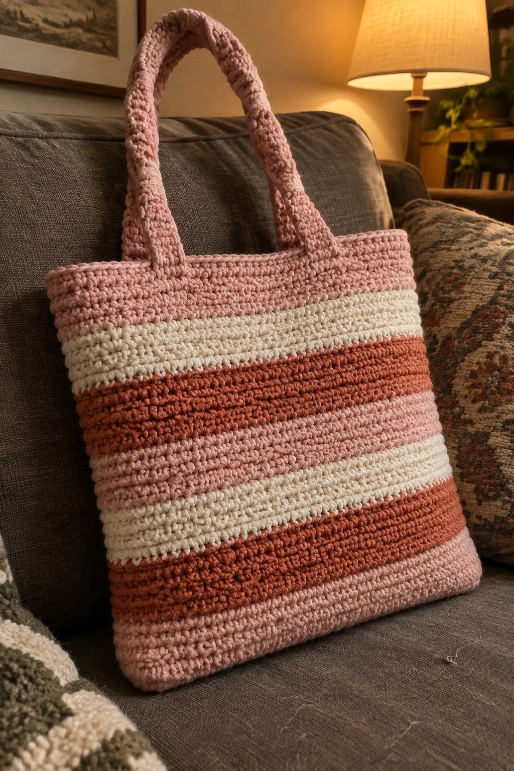 Striped pink and terracotta crocheted tote bag on a gray couch.