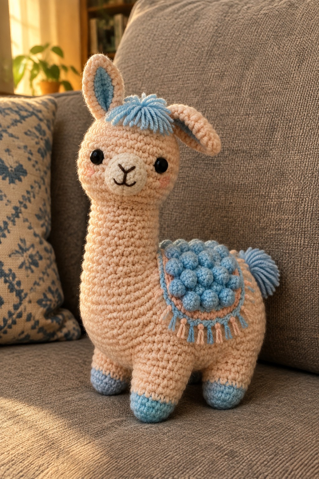 Beige crocheted llama toy with blue saddle, mane, and hooves on gray couch.