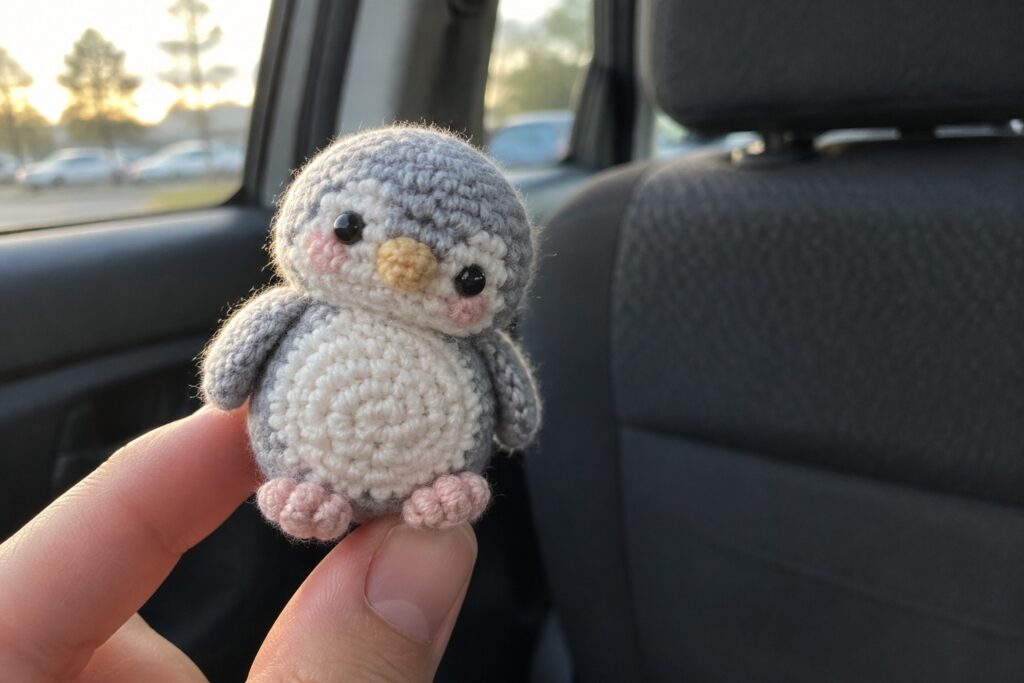 A small crocheted gray and pink penguin plush held between two fingers inside a car.