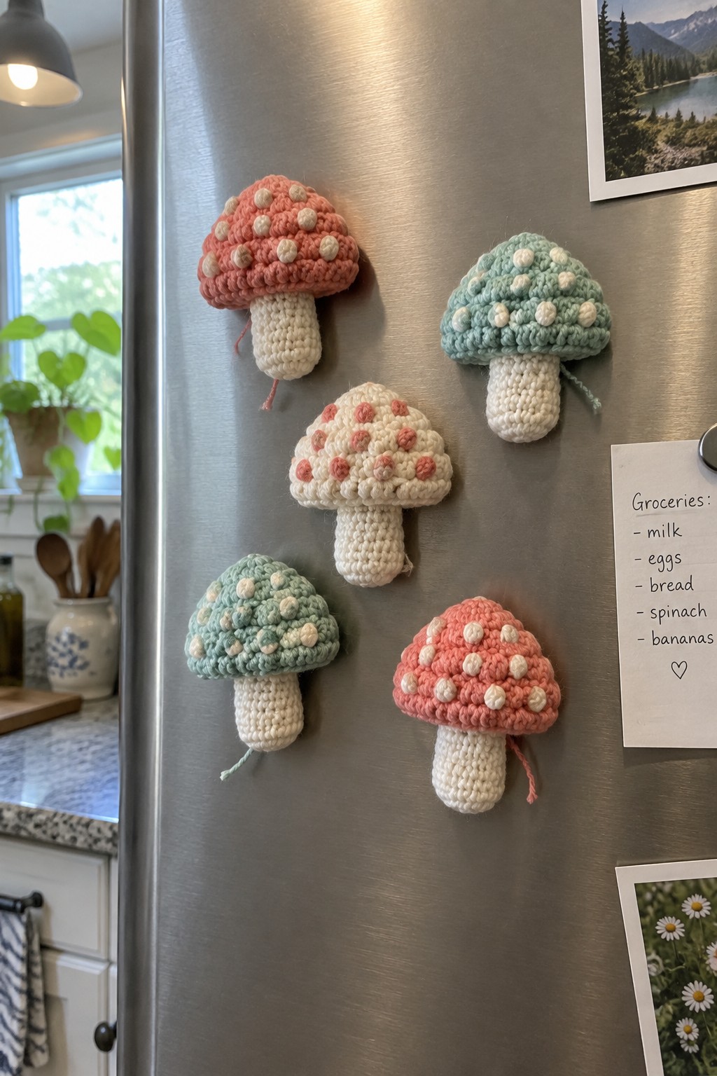 Five colorful crocheted mushroom magnets on a stainless steel refrigerator door.