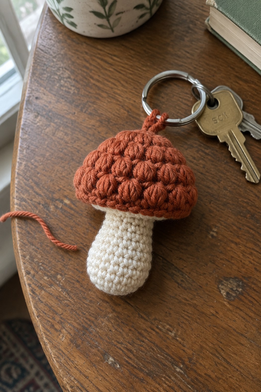 Crocheted mushroom keychain with brown cap and white stem beside keys on wood