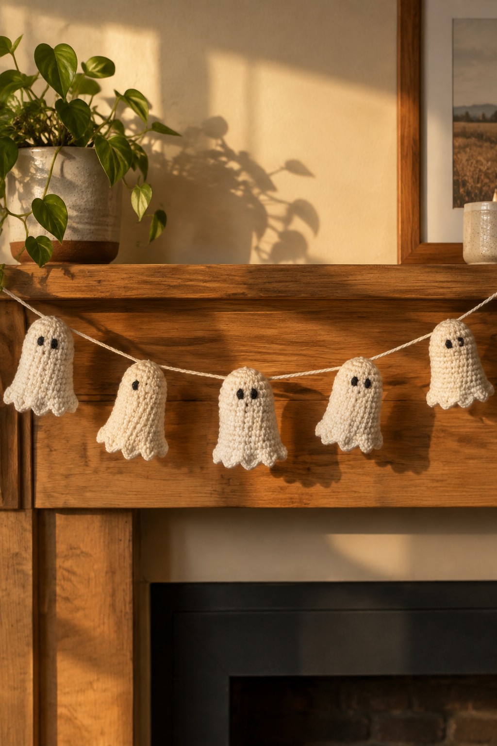 Five white crocheted ghosts strung across a wooden fireplace mantel.
