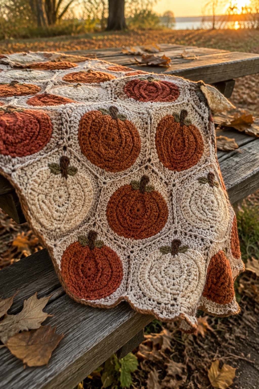 Crocheted blanket with orange pumpkins on wooden picnic table amid autumn leaves at sunset