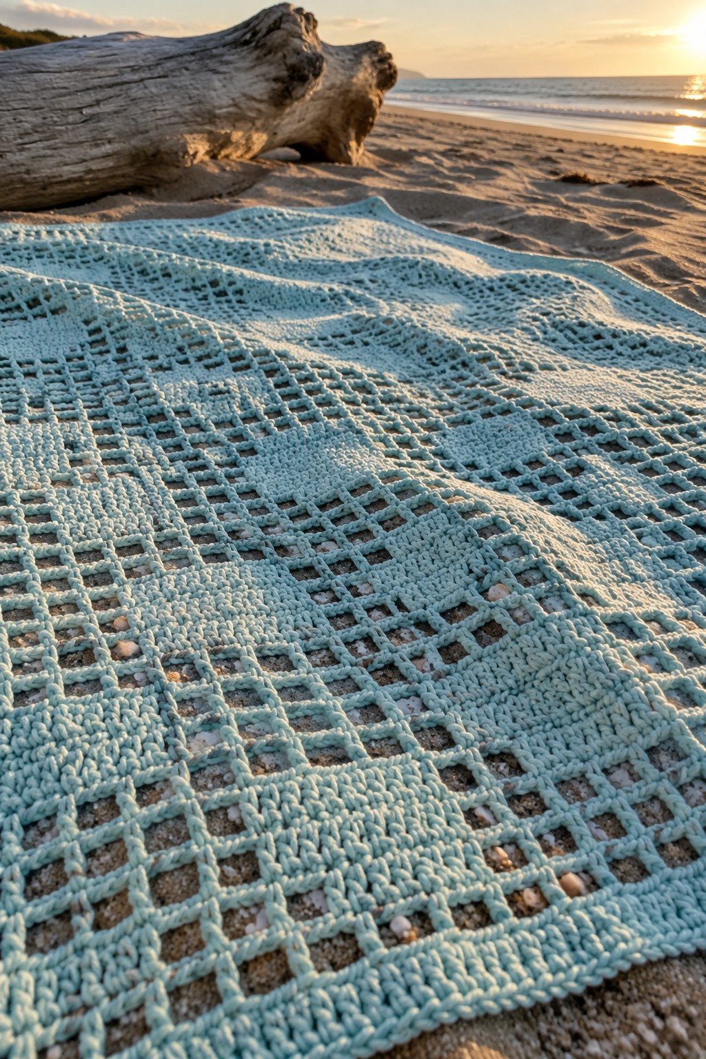 Light blue crocheted blanket spread on sandy beach near driftwood and ocean sunset