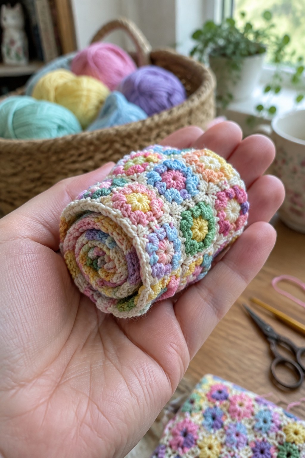 Hand holding rolled pastel granny square crochet near yarn basket and tools