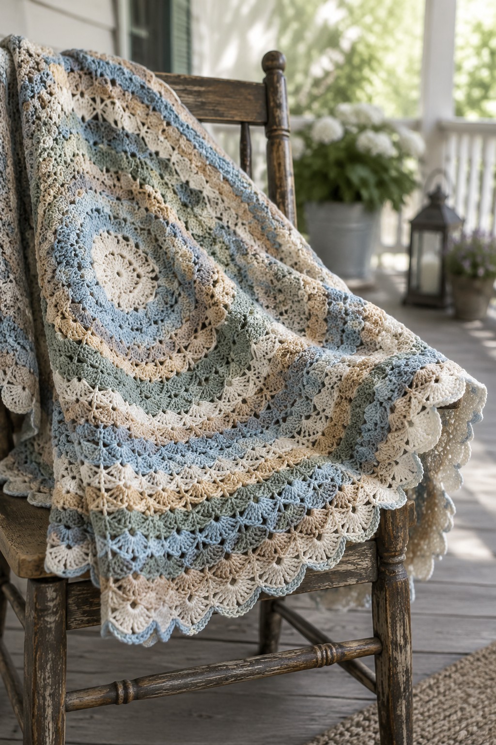 A round crocheted blanket in blue and beige tones with a scalloped edge draped over a wooden chair on a porch.