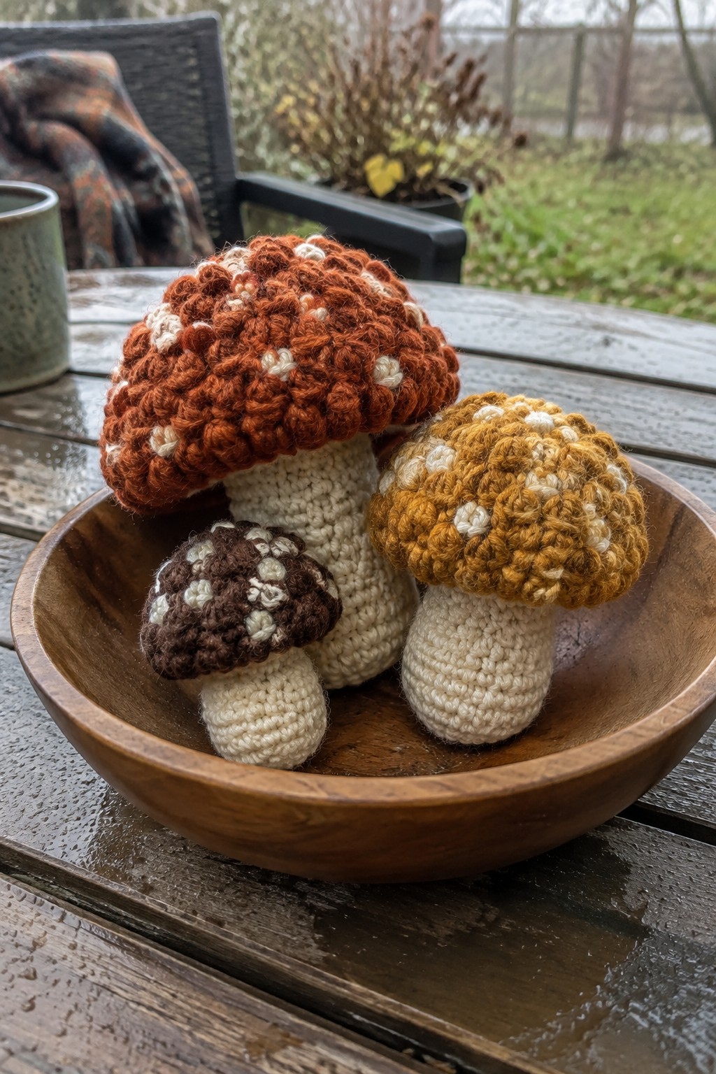 Three crocheted mushrooms with spotted caps in a wooden bowl on a table