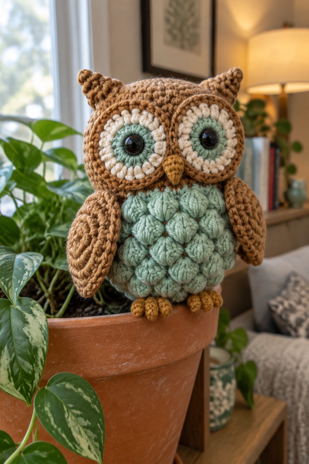 Crocheted brown owl with mint green eyes perched on terracotta plant pot