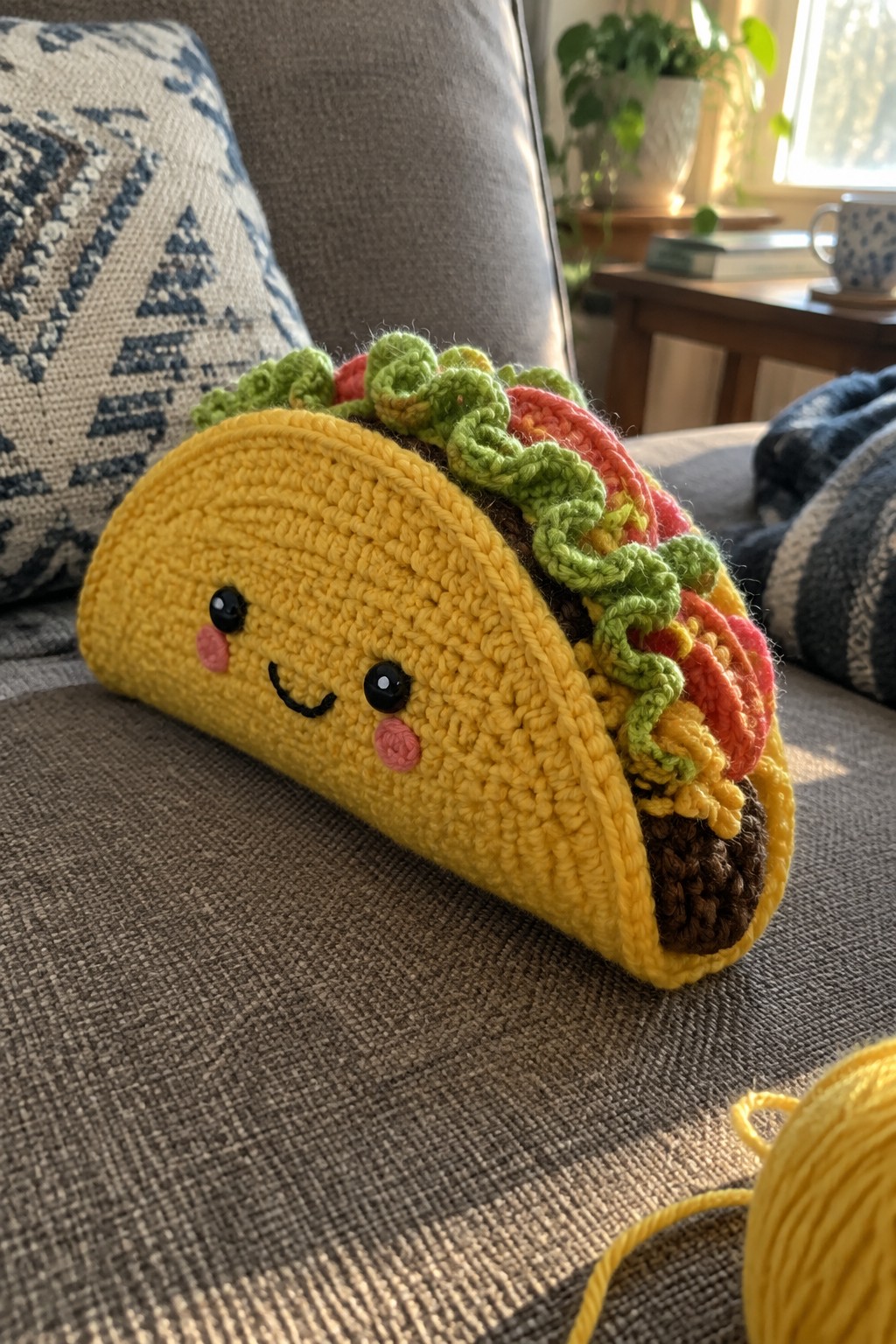 Crocheted taco plush with smiling face and colorful fillings on gray couch