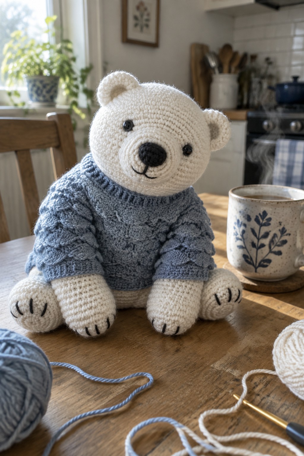 Crocheted white polar bear in blue sweater on wooden table with yarn and mug