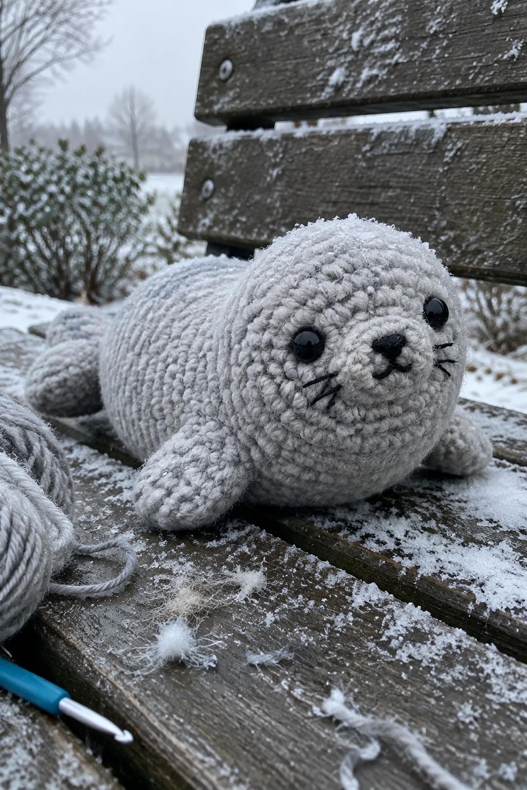 Crocheted gray seal toy on snowy wooden bench beside yarn and hook