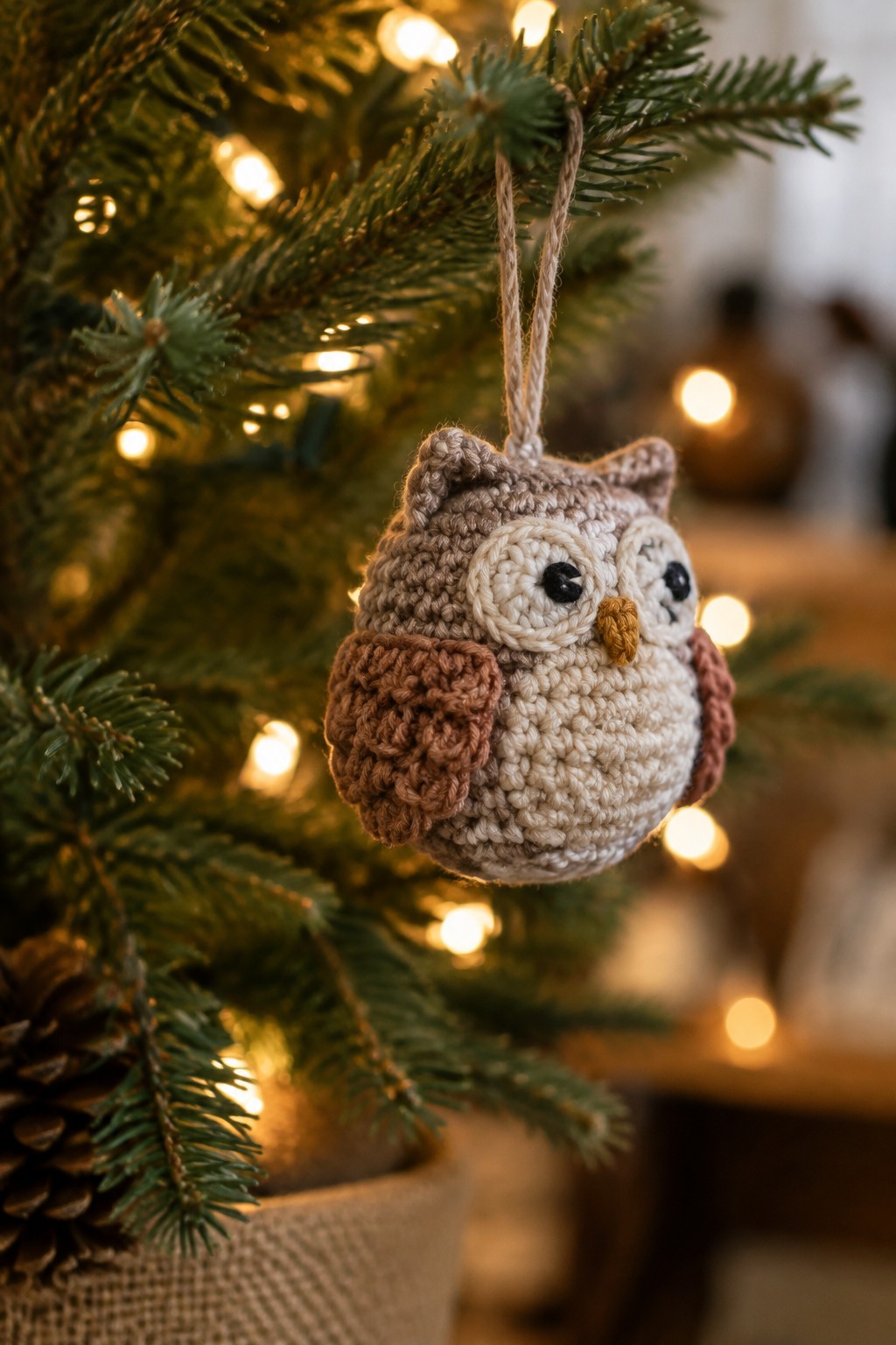 Crocheted owl ornament with brown wings hanging on lit Christmas tree