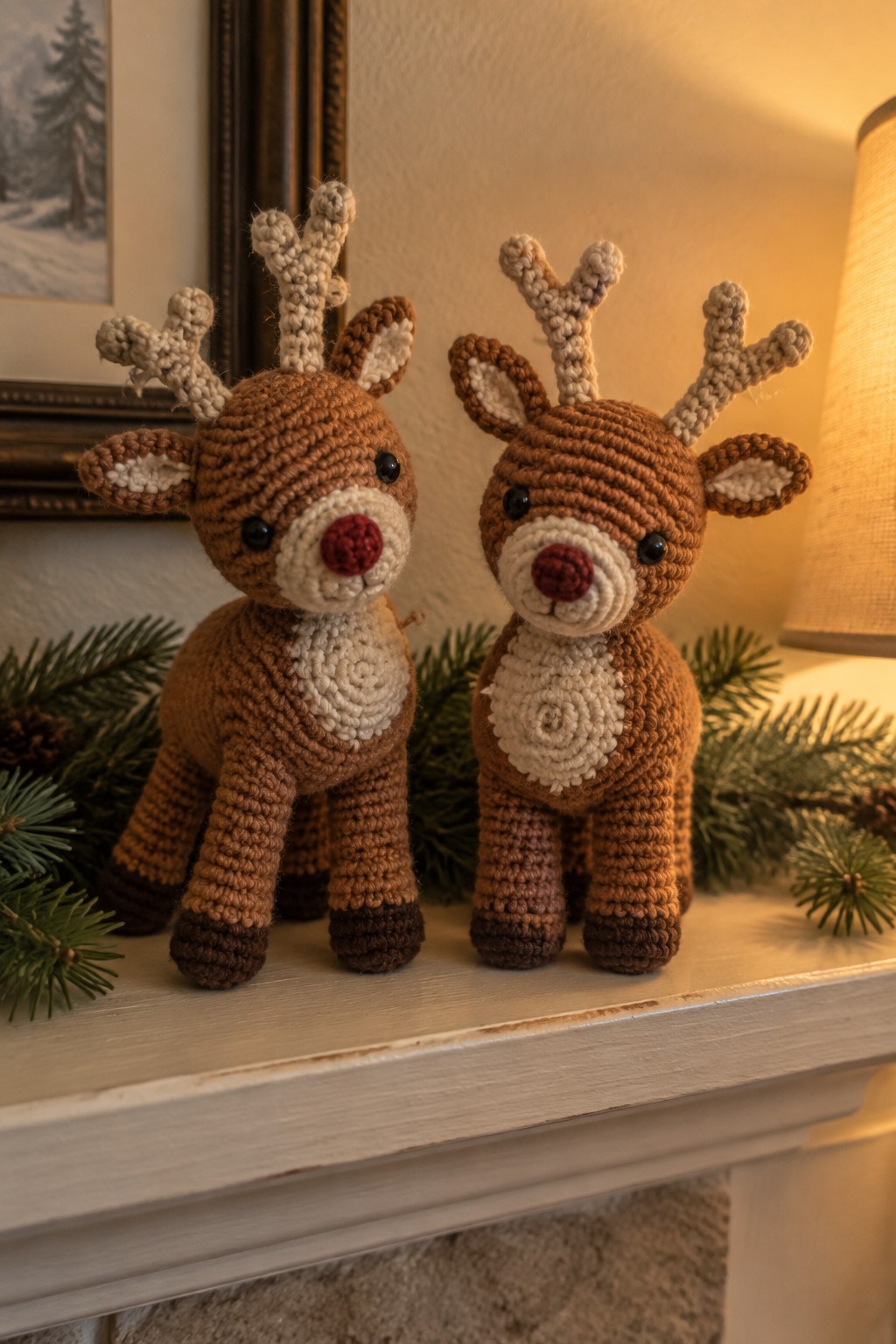 Two crocheted reindeer with antlers on a pine-decorated white mantelpiece