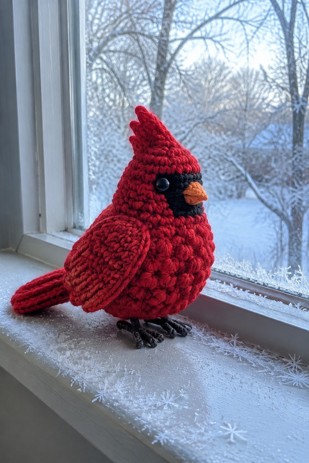 A crocheted red cardinal bird with black face and orange beak sits on a snowy windowsill.