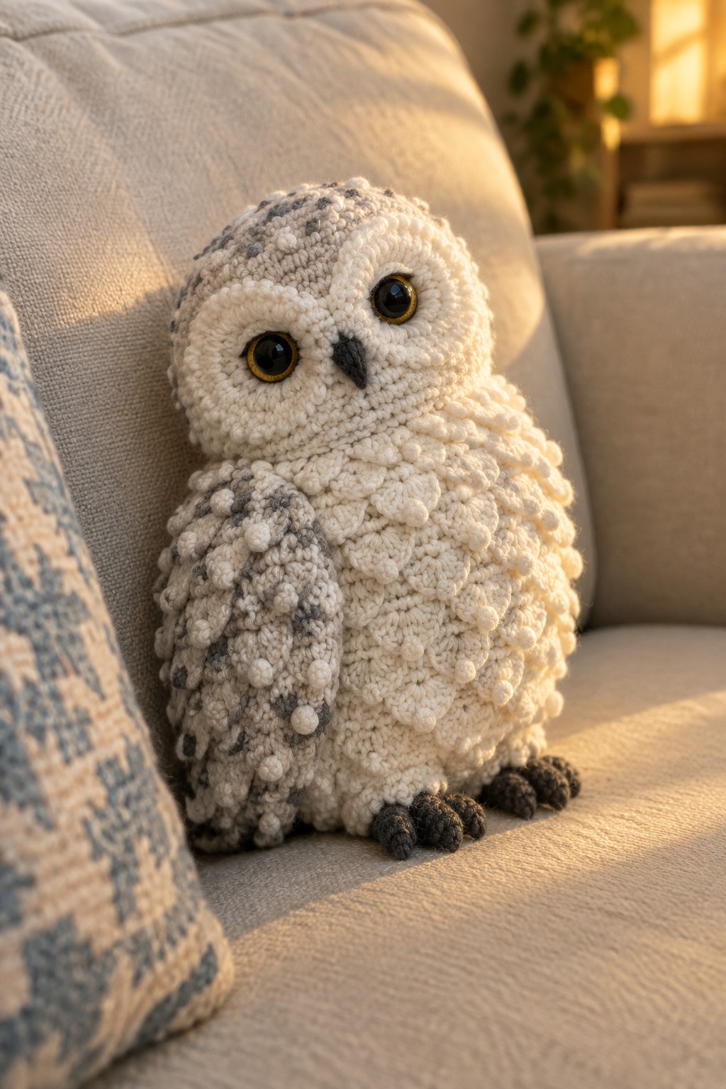 White and gray crocheted owl plush toy on sunlit beige couch