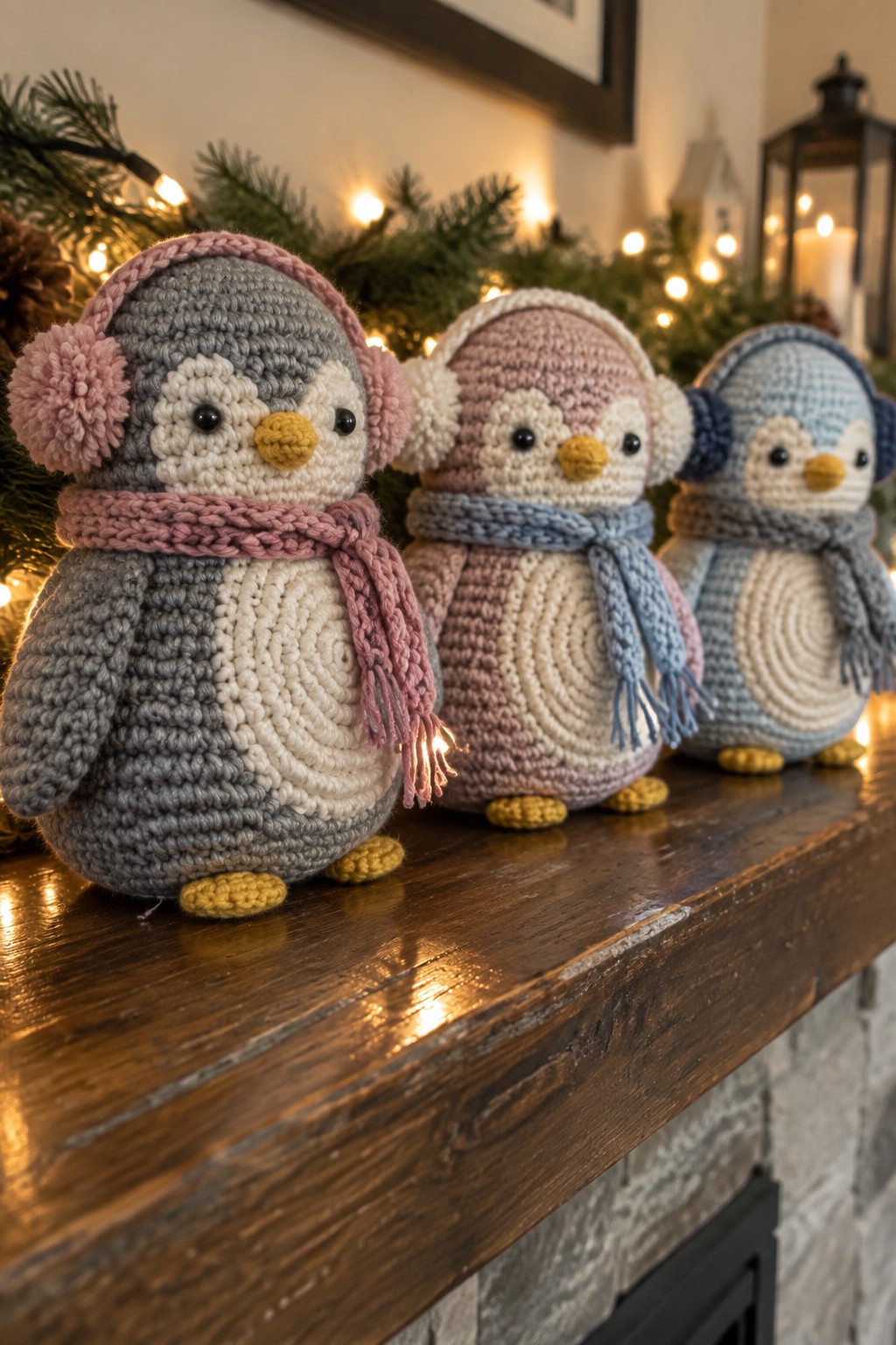Three crocheted penguins in pink, blue, and gray scarves with earmuffs on wooden mantel