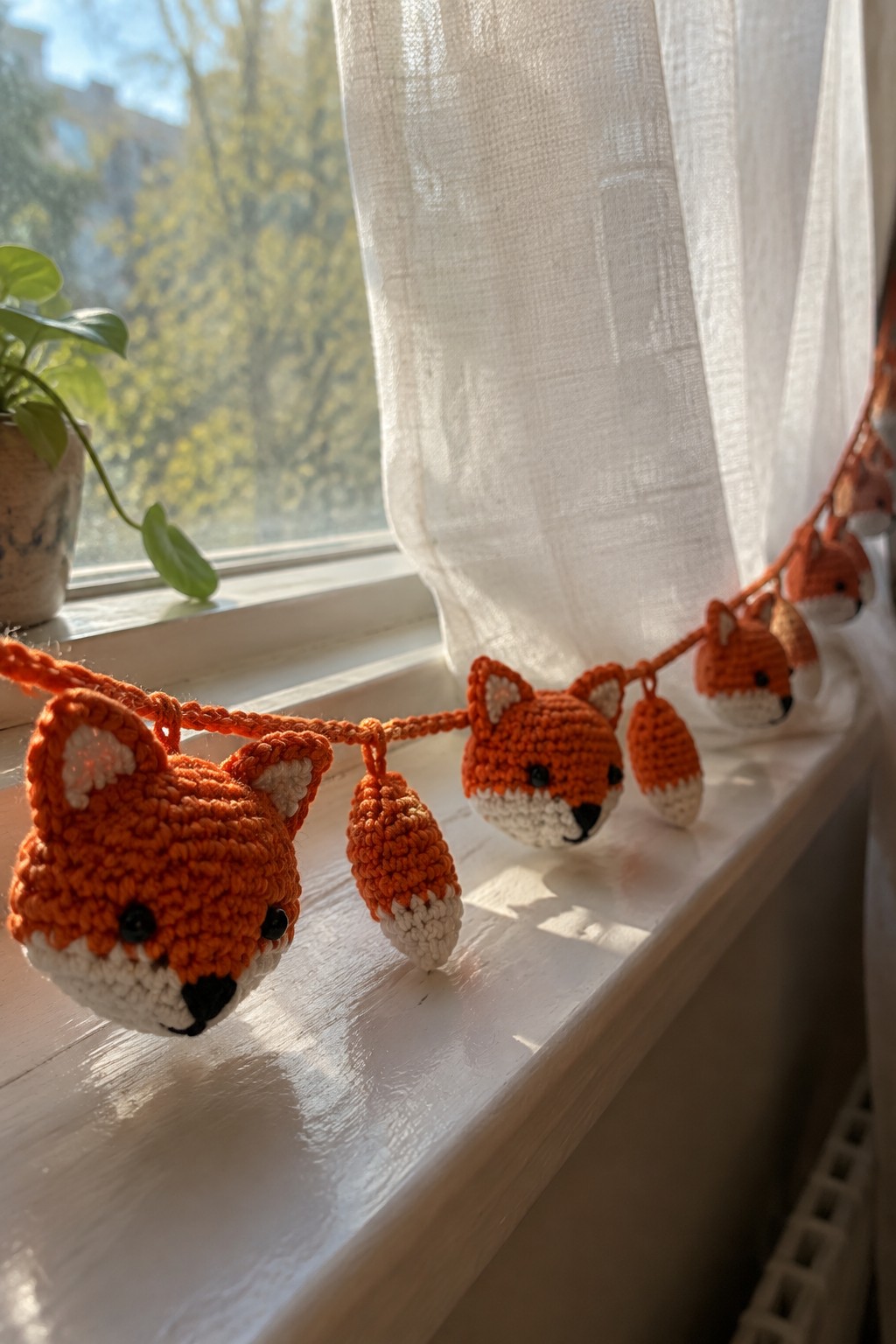 Crocheted orange fox garland with acorn charms on a sunlit white windowsill.