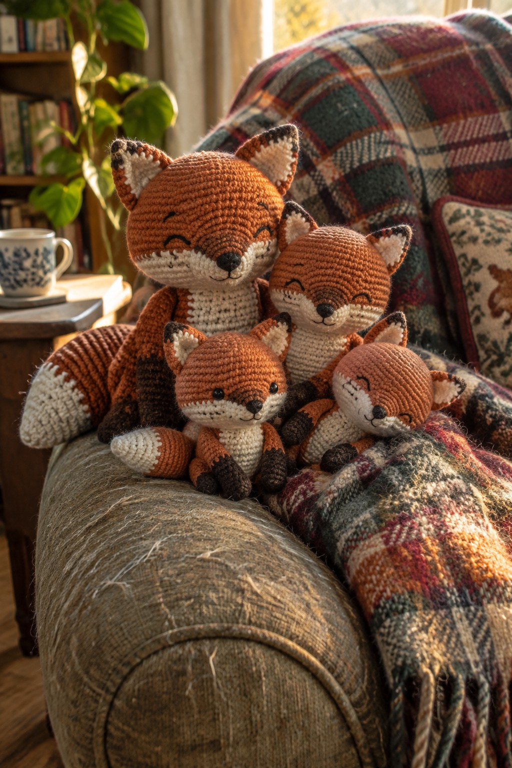 Three crocheted foxes nestled on a plaid blanket-covered armchair in a cozy room.
