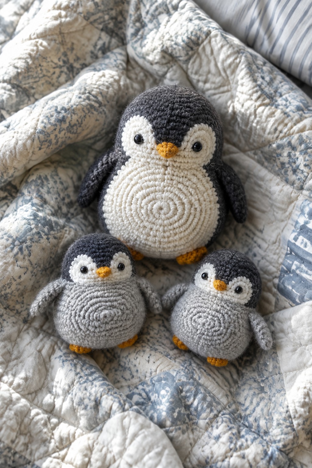 Three crocheted penguins on a blue patterned quilt: large black, two small gray