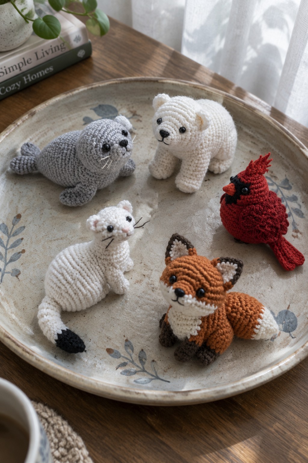 Crocheted seal, polar bear, cardinal, cat, and fox on a ceramic plate.