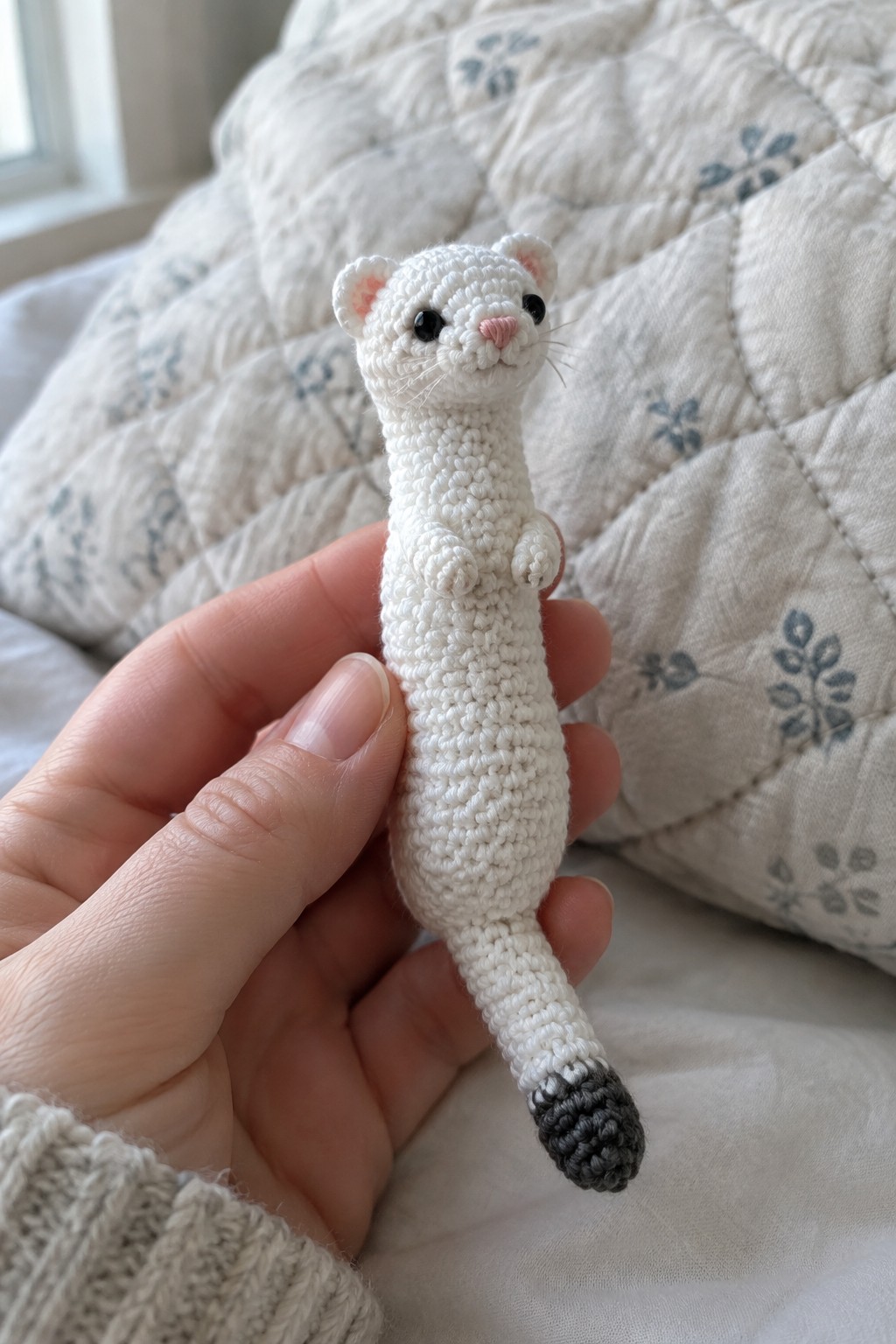 Hand holding white crocheted ferret toy with gray-black tail on floral quilt