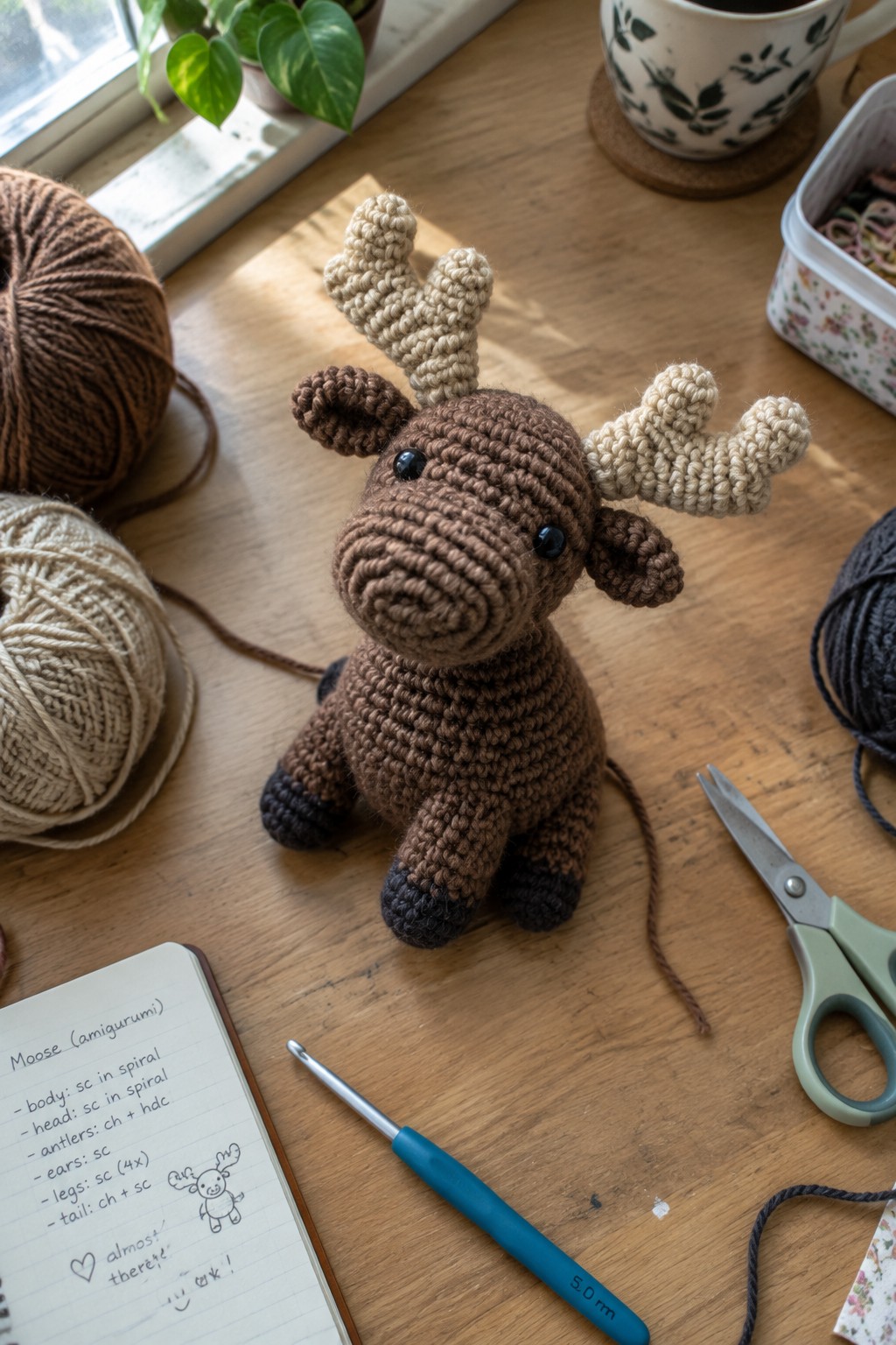 Crocheted brown moose amigurumi with antlers amid yarn, hook, and supplies on wooden table.