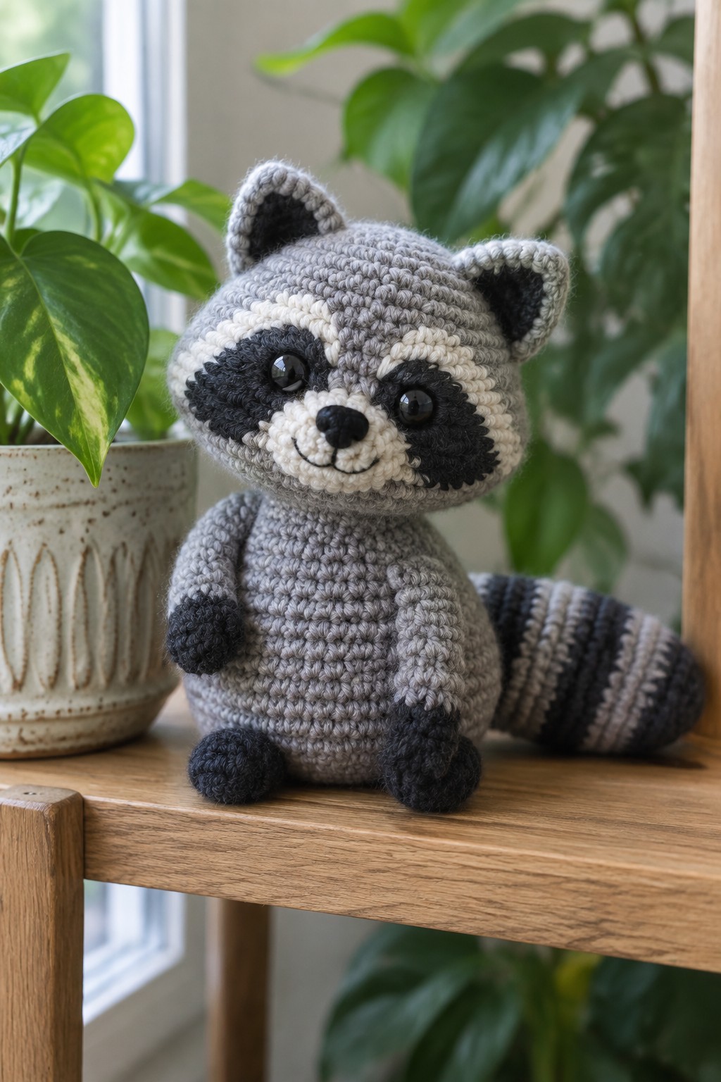 Crocheted gray raccoon plush with black and cream face markings and striped tail sits on a wooden shelf beside a potted plant.