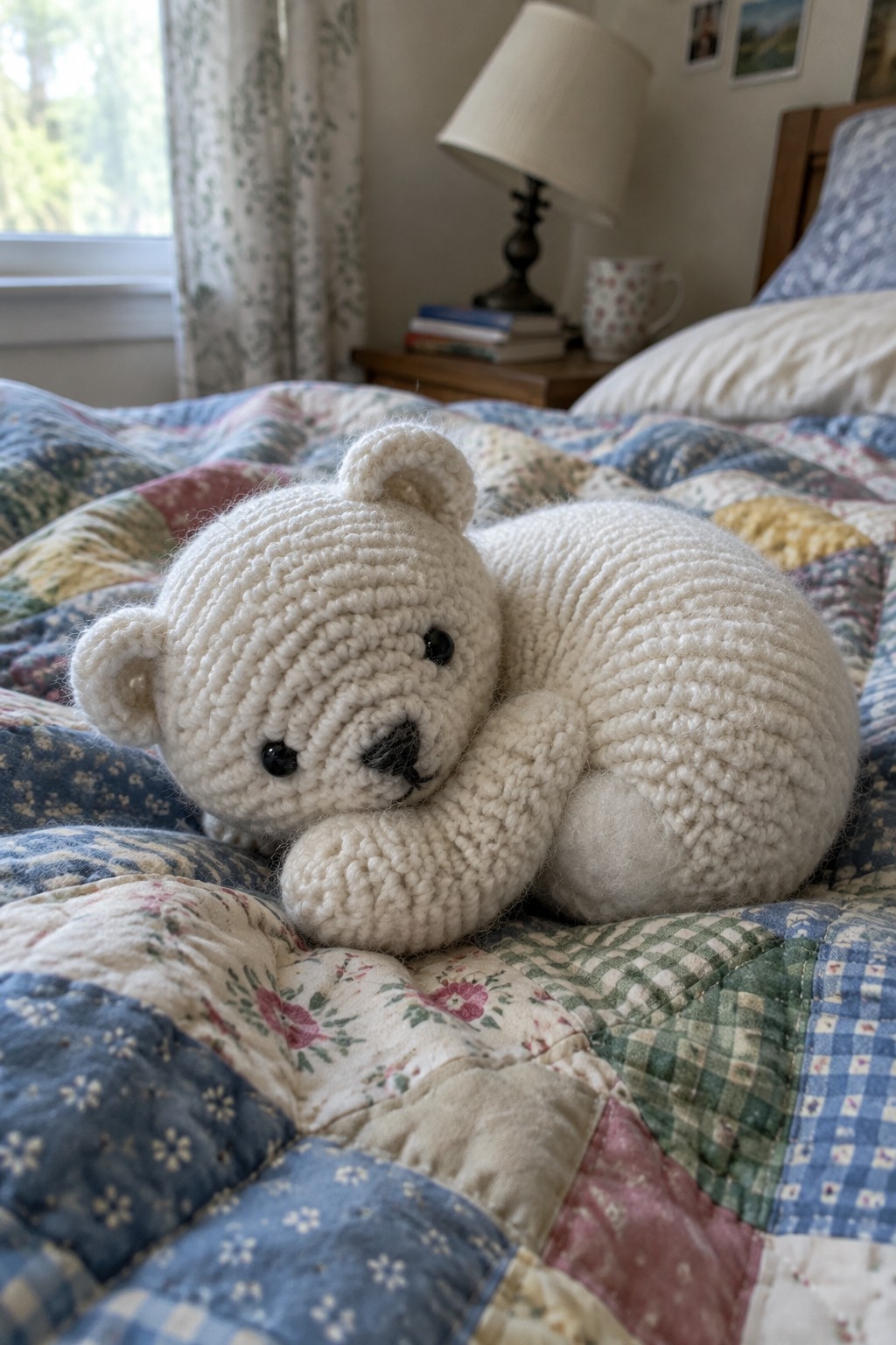 White crocheted teddy bear curled on a colorful patchwork quilt on a bed