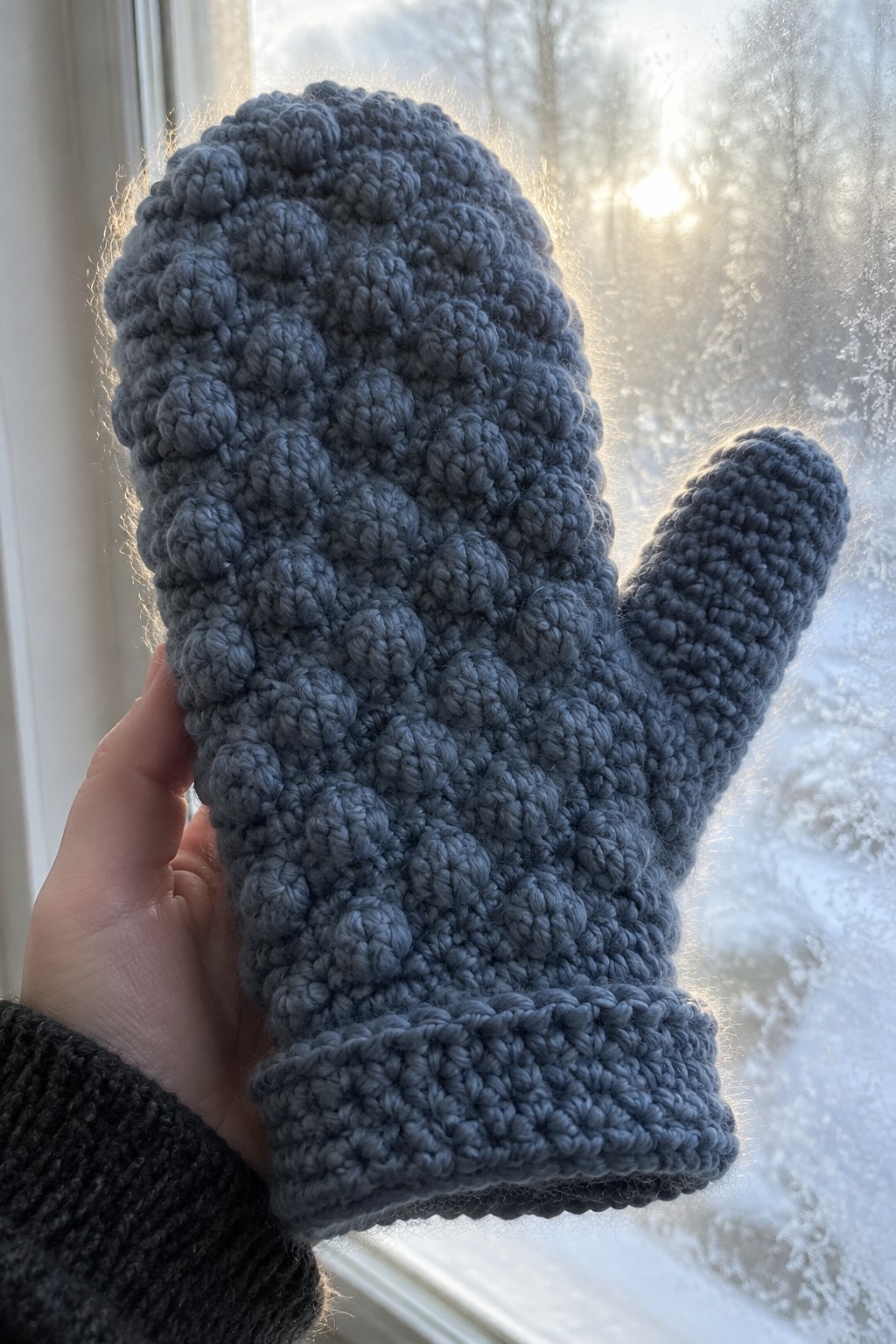 A hand holds up one chunky blue-gray crochet mitten with bobble texture in front of a frosty window.