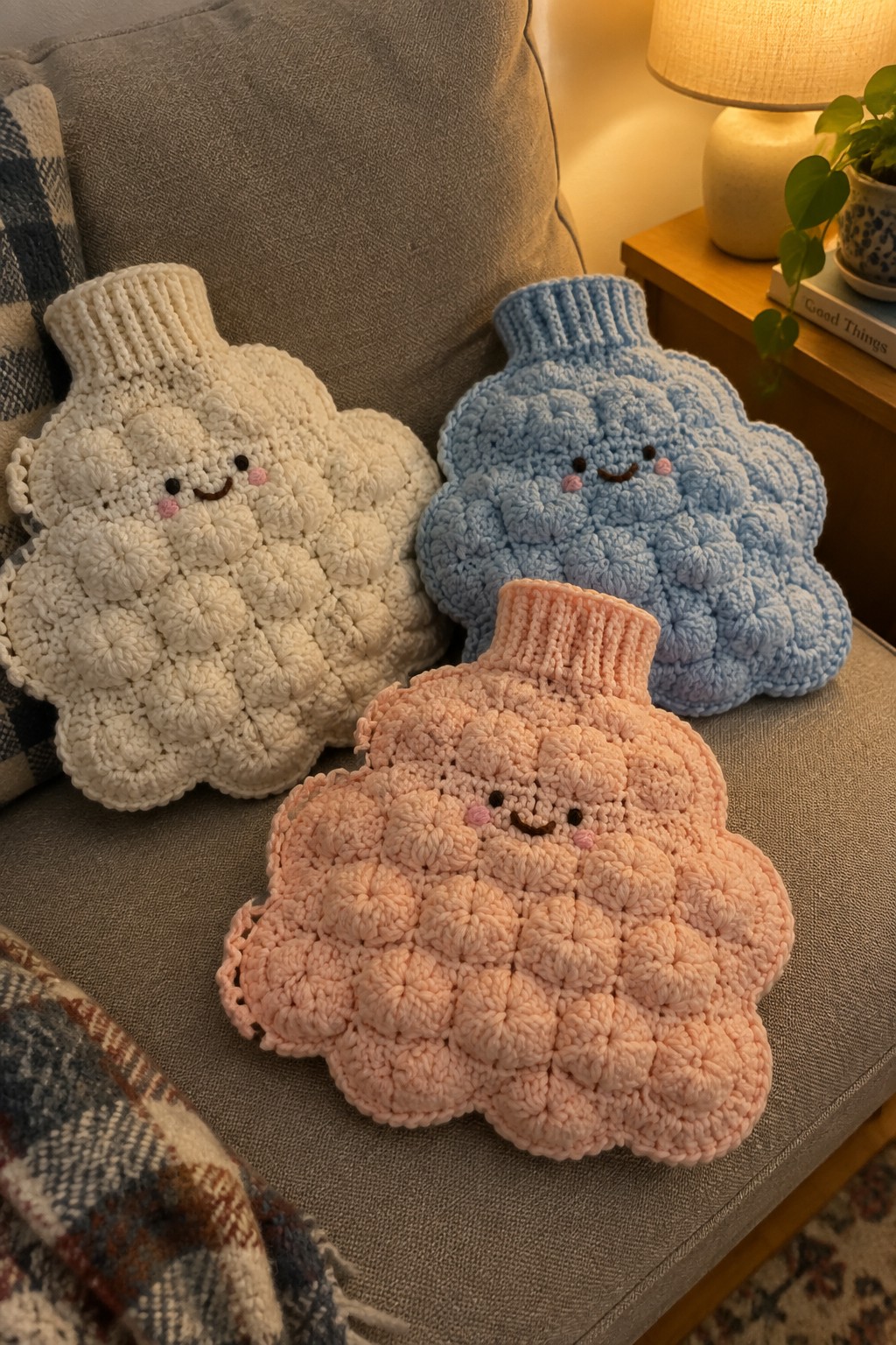 Three crocheted cloud-shaped hot water bottles with faces in white, blue, and pink on a couch.