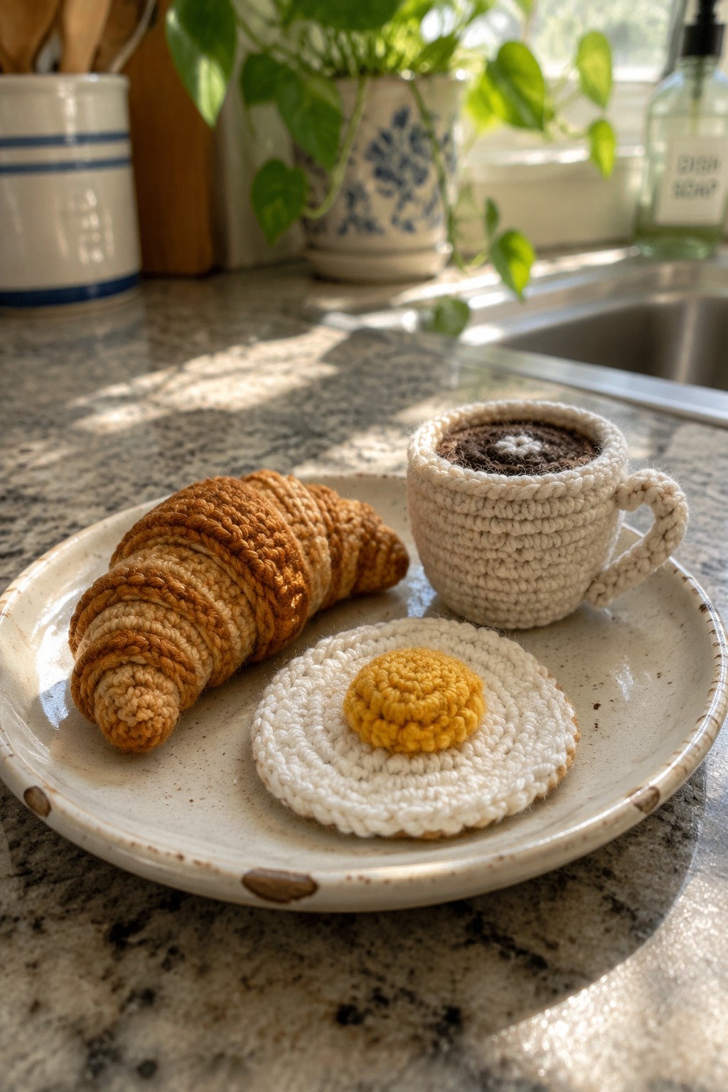 Crocheted croissant, fried egg, and coffee cup on a speckled ceramic plate.
