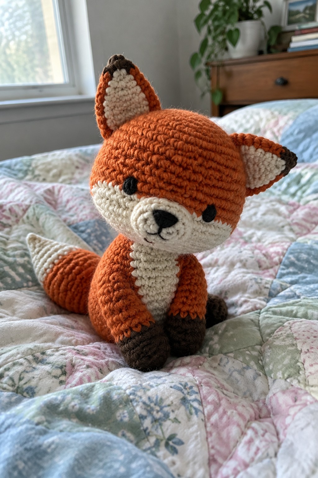 Crocheted orange fox toy with white muzzle sitting on floral patchwork quilt