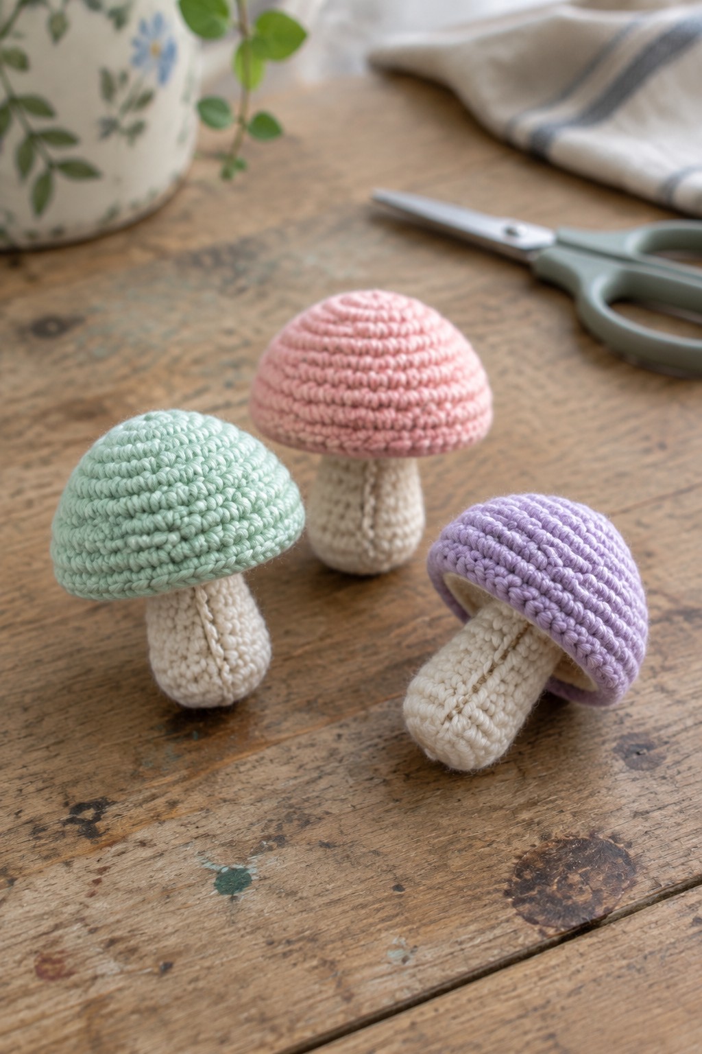 Three pastel crocheted mushrooms on a rustic wooden table with scissors and vase.
