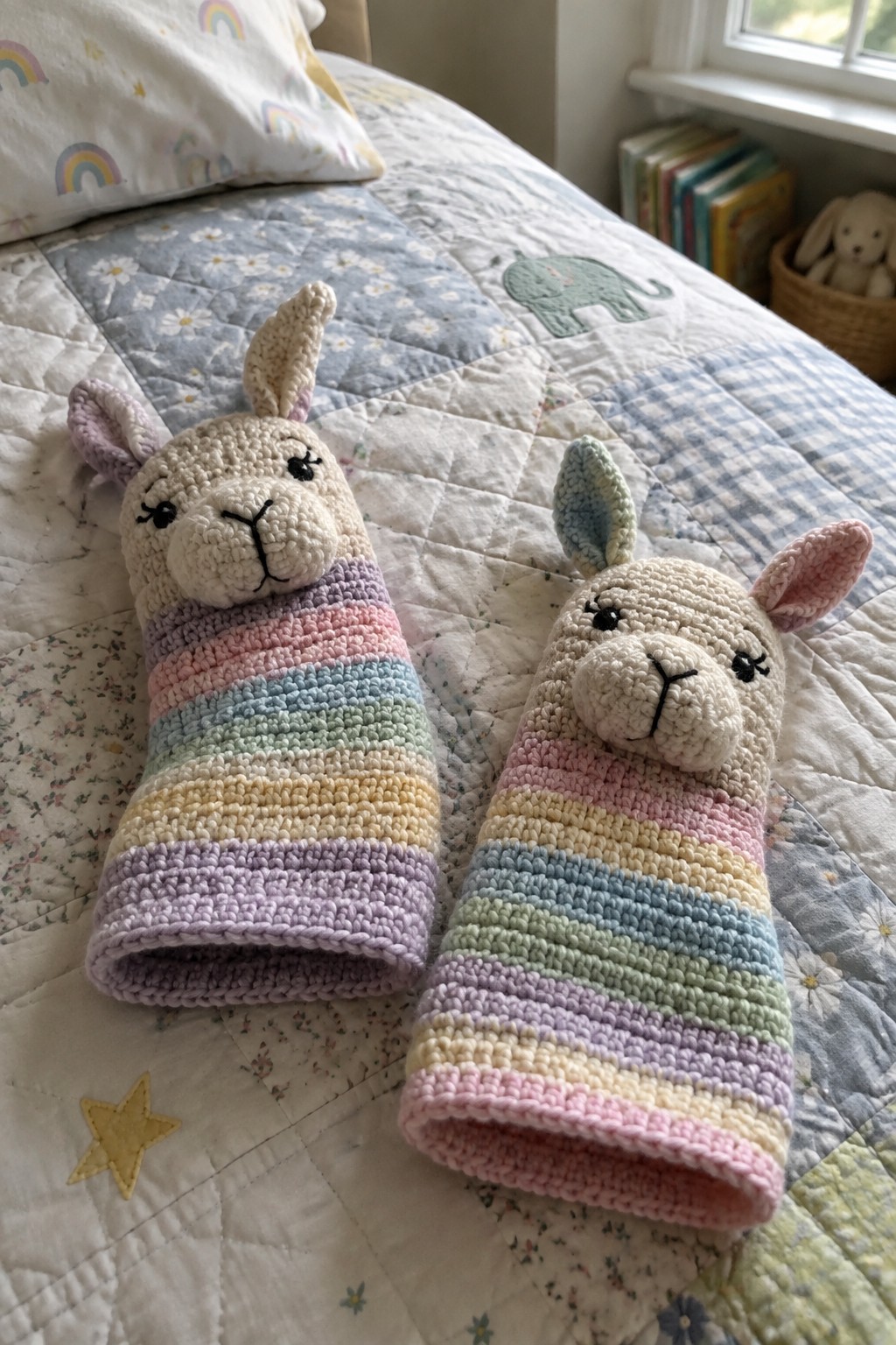 Two crocheted pastel rainbow-striped llamas on a floral quilted bed