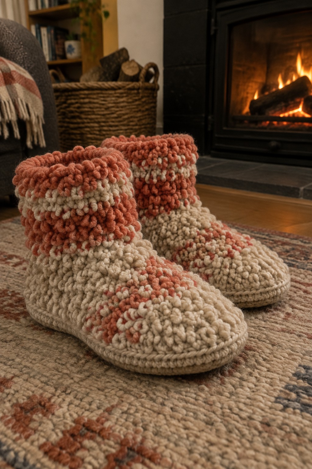 Pink and cream knitted slippers on a patterned rug by a lit fireplace.