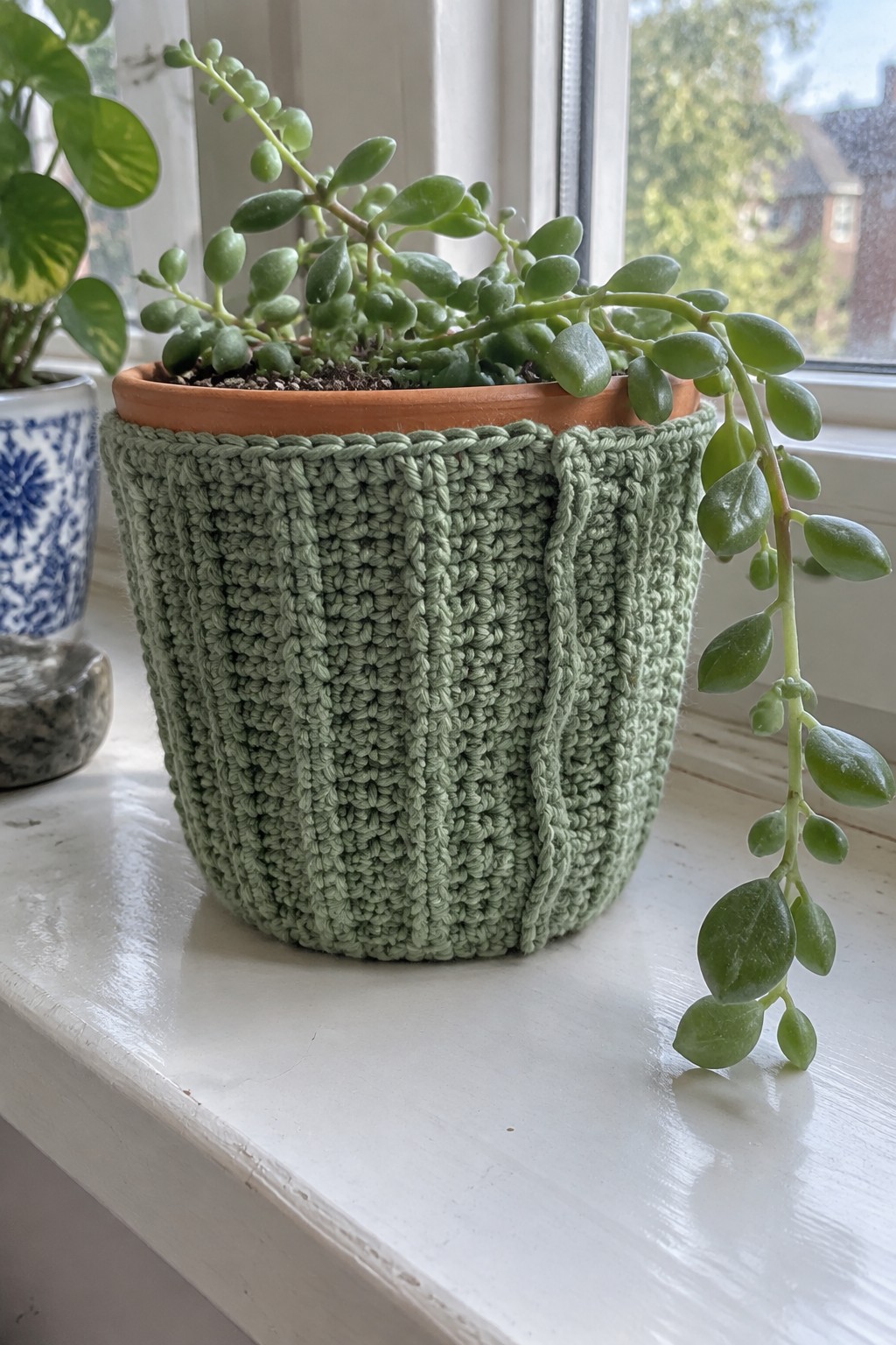 Trailing succulent in terracotta pot inside light green crocheted cozy on windowsill